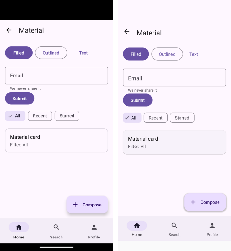 Material gallery: Android framework at left, Codename One compatibility layer at right, both on Android 16