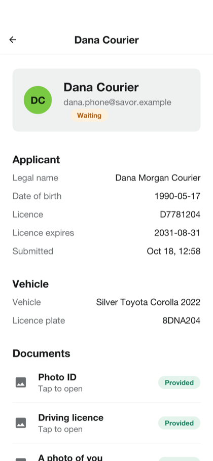 An application to deliver as an administrator reads it, with the applicant’s details and the vehicle