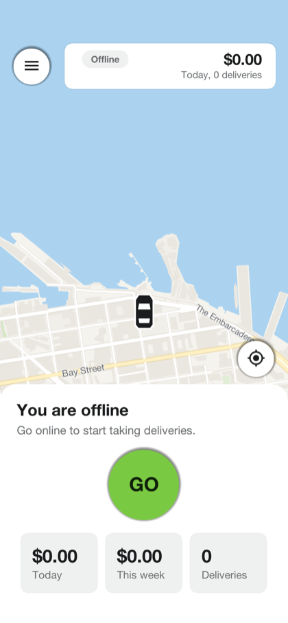 The delivery screen while offline: the day’s earnings, a badge reading Offline and the button to go online