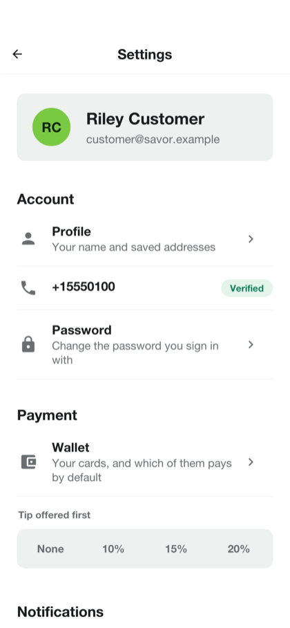 The settings screen with the account’s profile, verified phone number and password