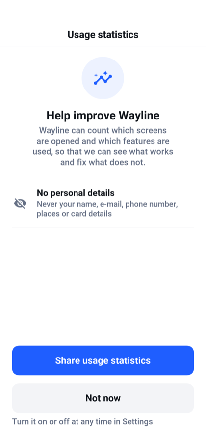 The screen that asks whether to share usage statistics, with a button to share them and a button to decline