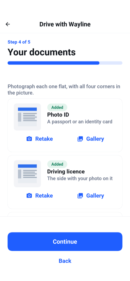 Step four of five of a driving application, with a card for each document and buttons to retake a photo or pick one from the gallery
