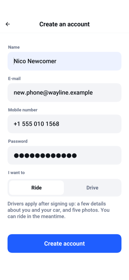 The form for a new account with fields for name, e-mail, mobile number and password, and a choice between riding and driving